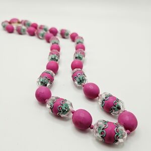 VINTAGE Pink and Green Plastic Beaded Strand Necklace Box Clasp Hong Kong